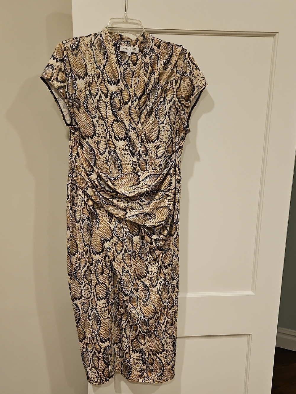 Snake-Print Midi Dress in Tan and Black — Draped Wrap Style Size: XL EUC